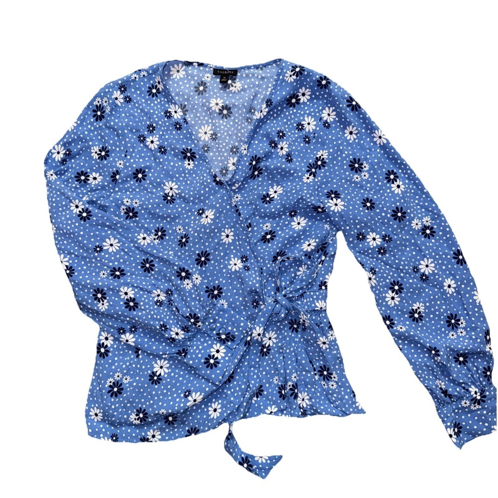 Talbots Blue Floral Daisy Polka Dot Blouse M Wrap Long Sleeve Blouse